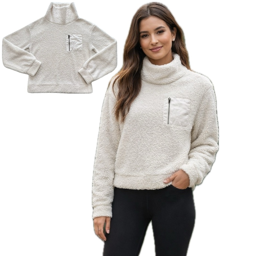 Wallflower Sherpa Pullover Fleece Turtleneck Cowl Teddy Pocket Ivory Cream XS
